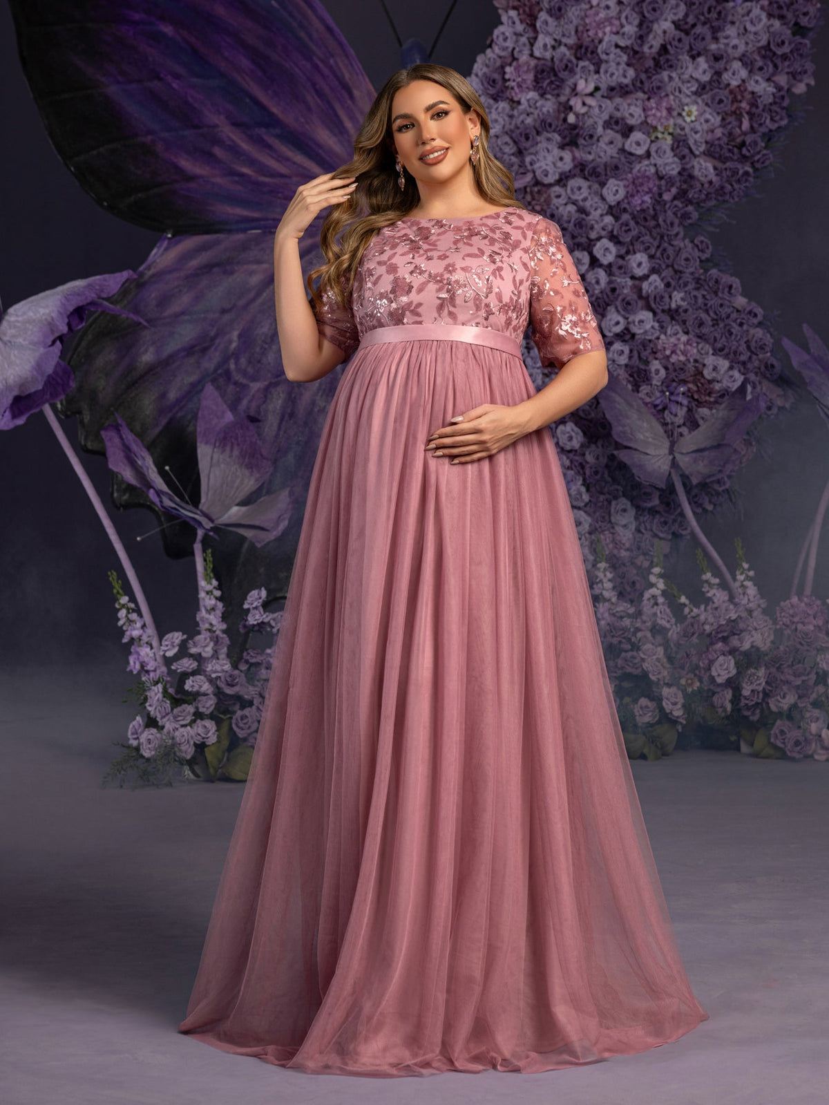 Additional product view of Plus-Size Mesh A-Line Sequin Maxi Maternity Evening Dress