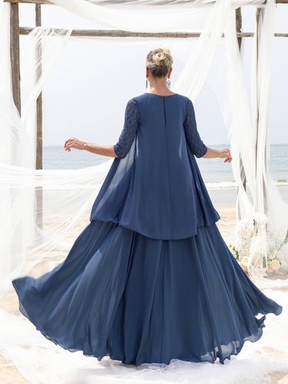 Women's Lace & Chiffon Mother-of-the-Bride Dress: Flowing Beach Wedding Gown with Mid-Sleeve Detailing & Dramatic Skirt – view 2