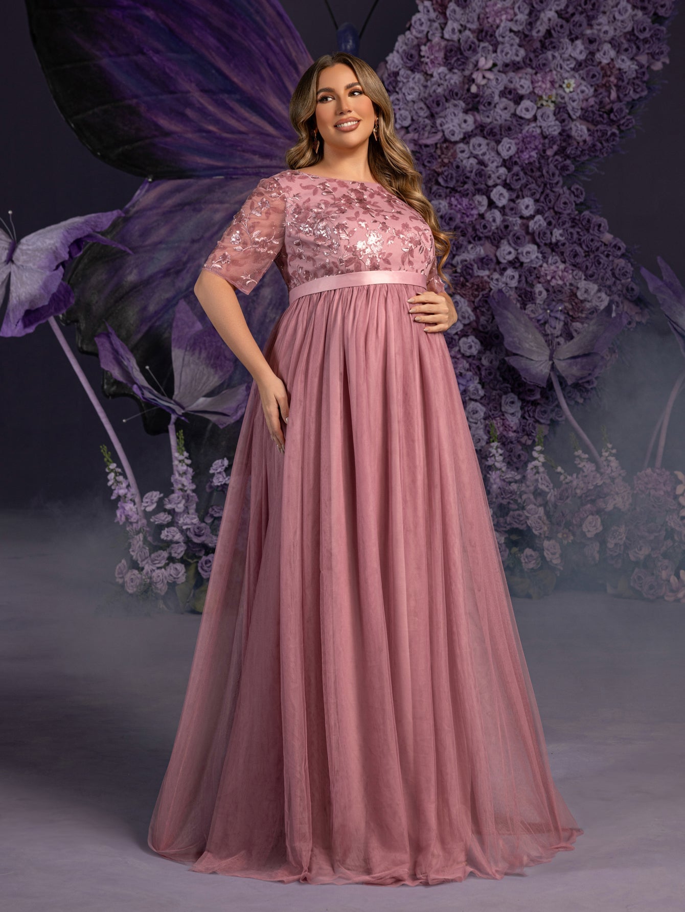 Additional product view of Plus-Size Mesh A-Line Sequin Maxi Maternity Evening Dress