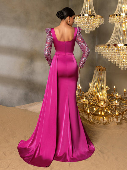 Elegant Satin Evening Gown with Sweetheart Neckline & Sequin Embellished Sleeves – High Slit Mermaid Silhouette for Luxury Weddings or Red Carpet Events, XS-XL