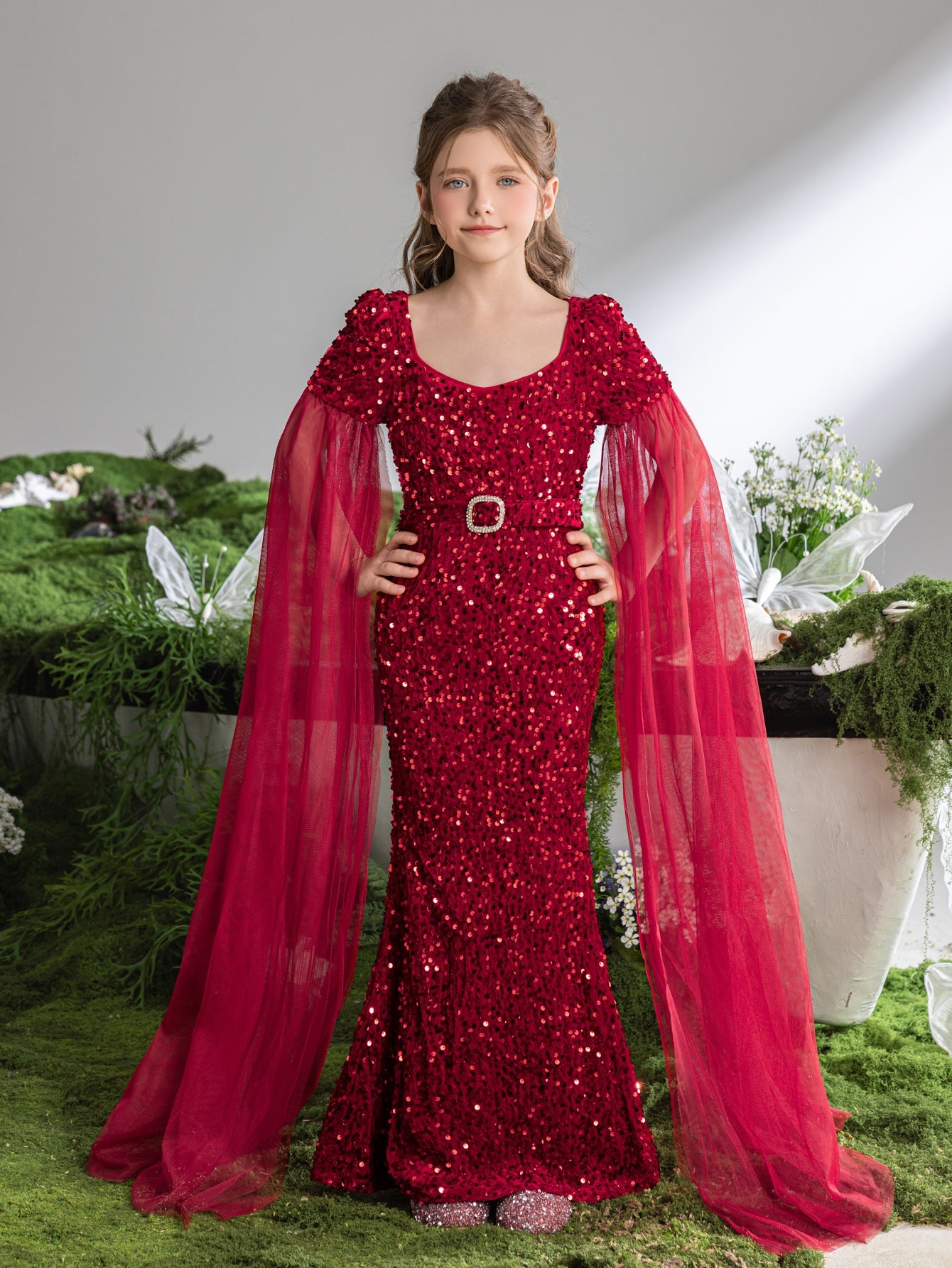 Additional product view of Cloak-Sleeve Belted Sweetheart-Neck Sequin Mermaid Tween Girls' Party Dress