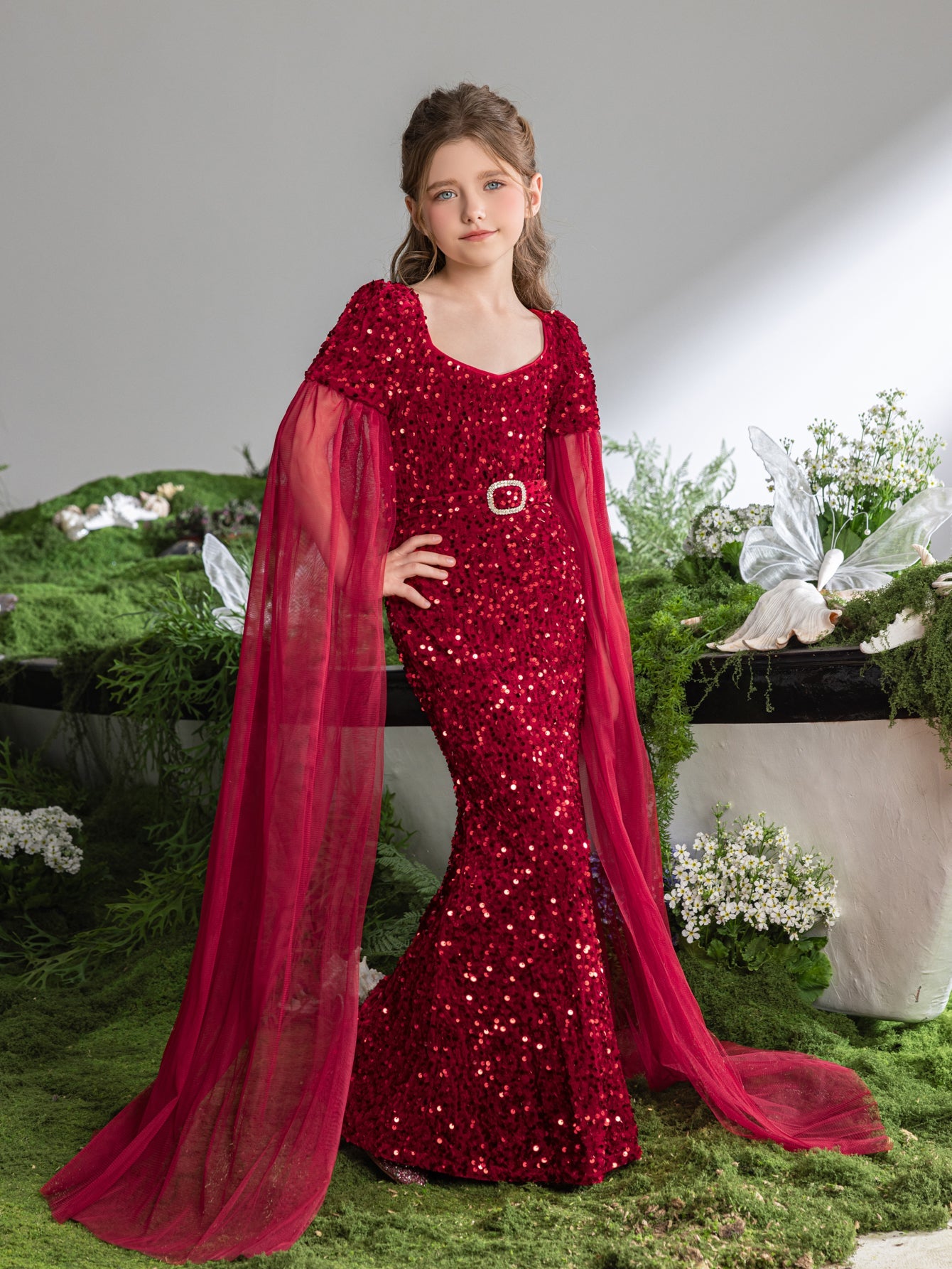 Additional product view of Cloak-Sleeve Belted Sweetheart-Neck Sequin Mermaid Tween Girls' Party Dress