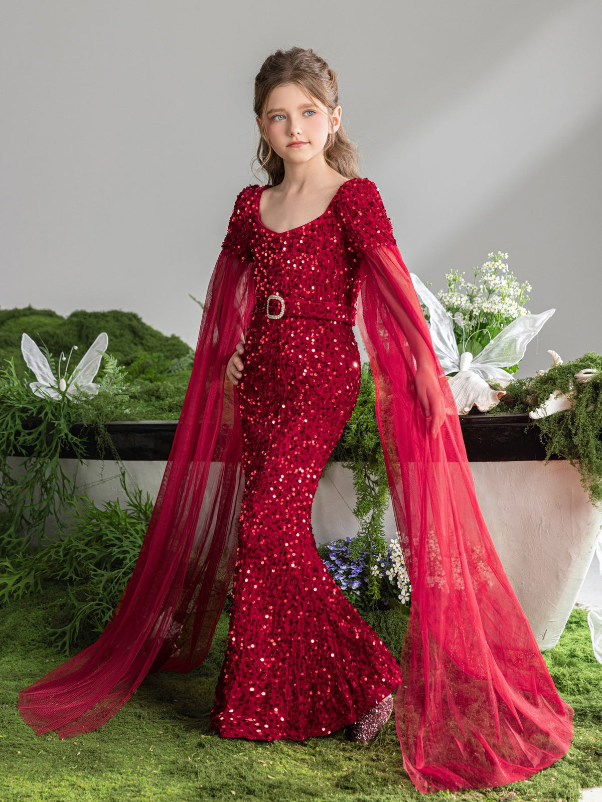 Additional product view of Cloak-Sleeve Belted Sweetheart-Neck Sequin Mermaid Tween Girls' Party Dress