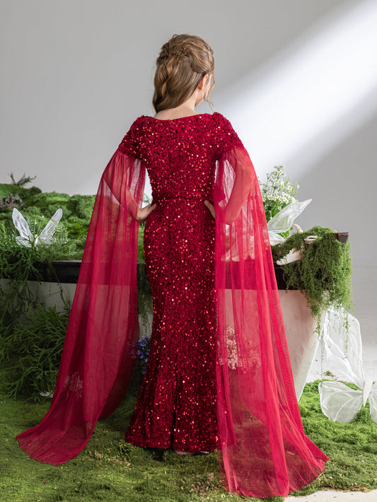 Additional product view of Cloak-Sleeve Belted Sweetheart-Neck Sequin Mermaid Tween Girls' Party Dress