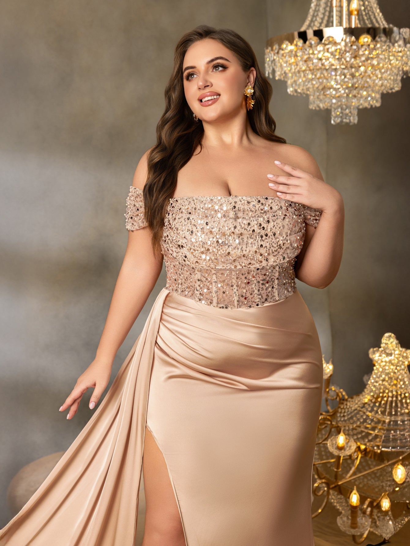 Plus Off-Shoulder Gown with High Slit & Beaded Bodice – Luxury Satin Evening Wear for Red Carpet, Formal Galas & Luxury Weddings, 1XL-5XL – view 4