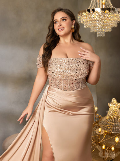 Additional view of Plus-Size Champagne Off-Shoulder Satin Sleeveless Mermaid Wedding Guest Dress