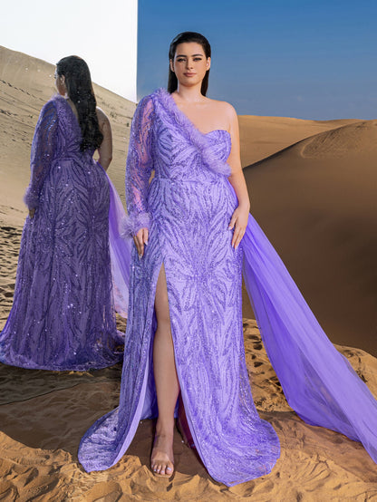 Plus Gorgeous Feather Trim One-Shoulder Split Mermaid Hem Beaded Formal Dress Evening Dress – view 3