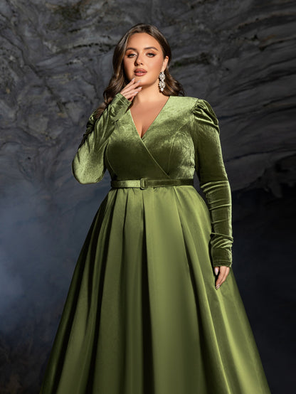 Plus V Neck Long Sleeve Belted Satin A Line Dress