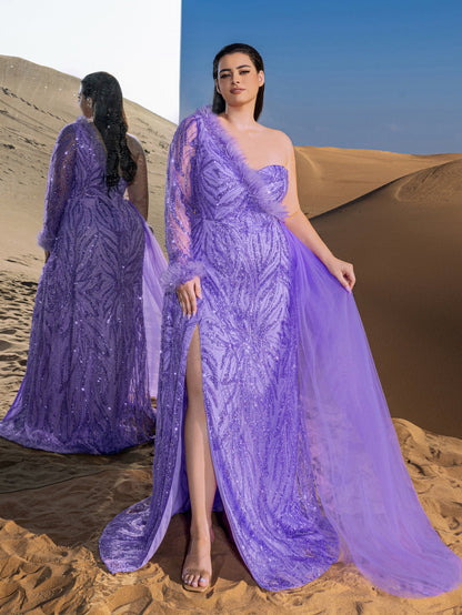 Plus Gorgeous Feather Trim One-Shoulder Split Mermaid Hem Beaded Formal Dress Evening Dress – view 4
