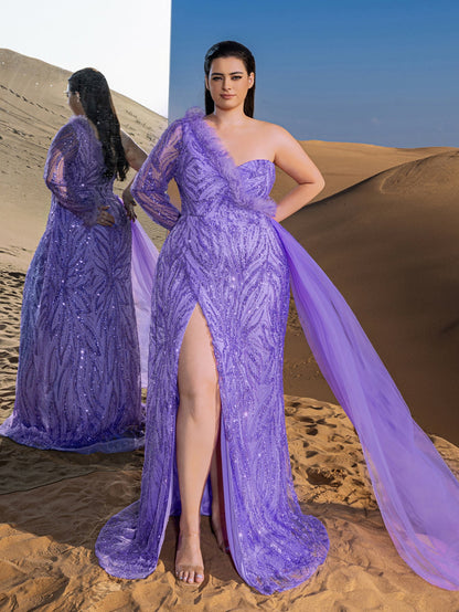 Plus Gorgeous Feather Trim One-Shoulder Split Mermaid Hem Beaded Formal Dress Evening Dress – view 5