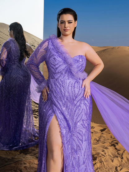 Plus Gorgeous Feather Trim One-Shoulder Split Mermaid Hem Beaded Formal Dress Evening Dress – view 6