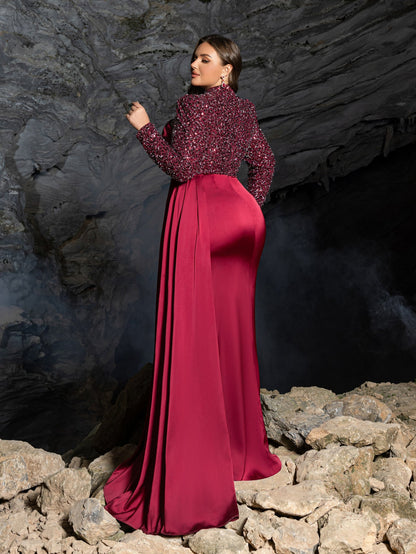 Plus High Neck Beaded Long Sleeve Gown | Side Slit & Mermaid Silhouette