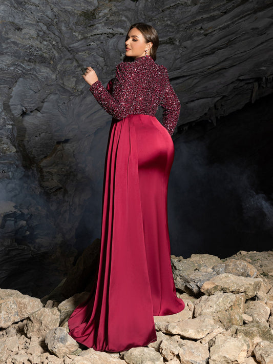 Plus High Neck Beaded Long Sleeve Gown | Side Slit & Mermaid Silhouette