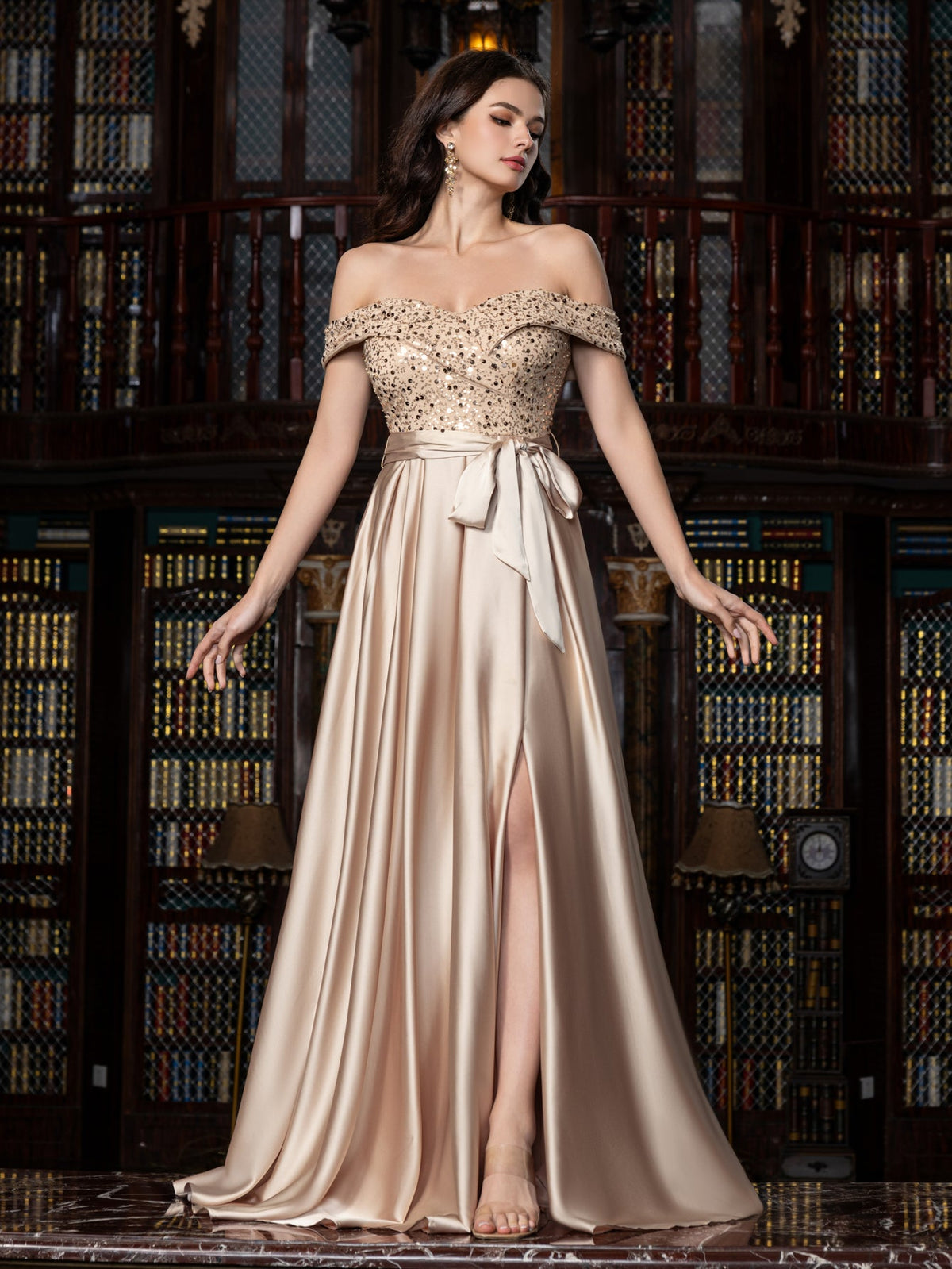 Elegant Off-Shoulder Evening Gown with Sequin Embellishments – High Slit Satin Skirt & Back Zipper for Luxury Weddings or Evening Glam, XS-XL