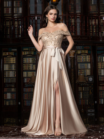 Elegant Off-Shoulder Evening Gown with Sequin Embellishments – High Slit Satin Skirt & Back Zipper for Luxury Weddings or Evening Glam, XS-XL