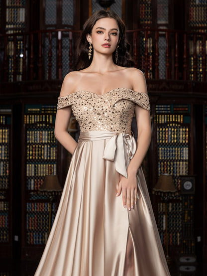 Elegant Off-Shoulder Evening Gown with Sequin Embellishments – High Slit Satin Skirt & Back Zipper for Luxury Weddings or Evening Glam, XS-XL