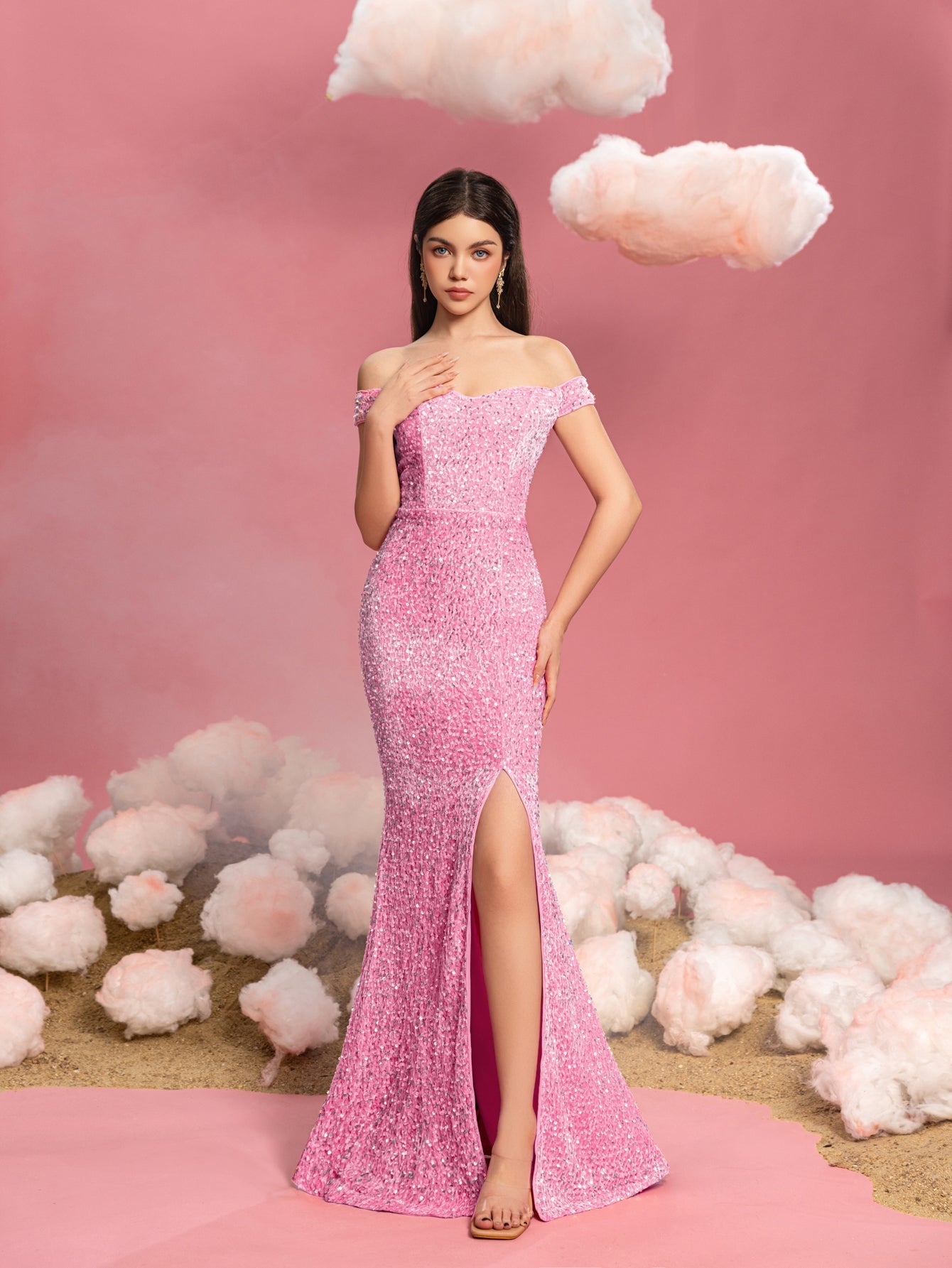 Additional product view of Mermaid Hem Off-Shoulder Sequin Short-Sleeve Maxi Teen Girls' Party Dress