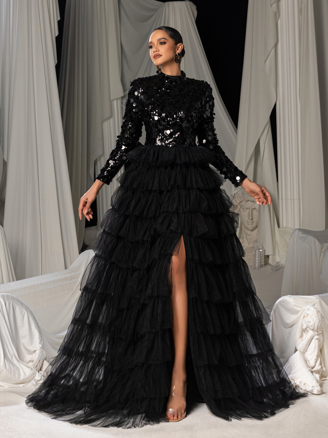 Additional product view of Layered Hem Sequin Bodice Tulle Mock-Neck Long-Sleeve Wedding Dress