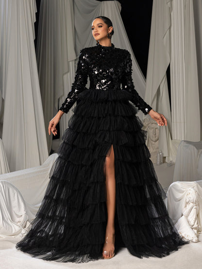 Additional product view of Layered Hem Sequin Bodice Tulle Mock-Neck Long-Sleeve Wedding Dress