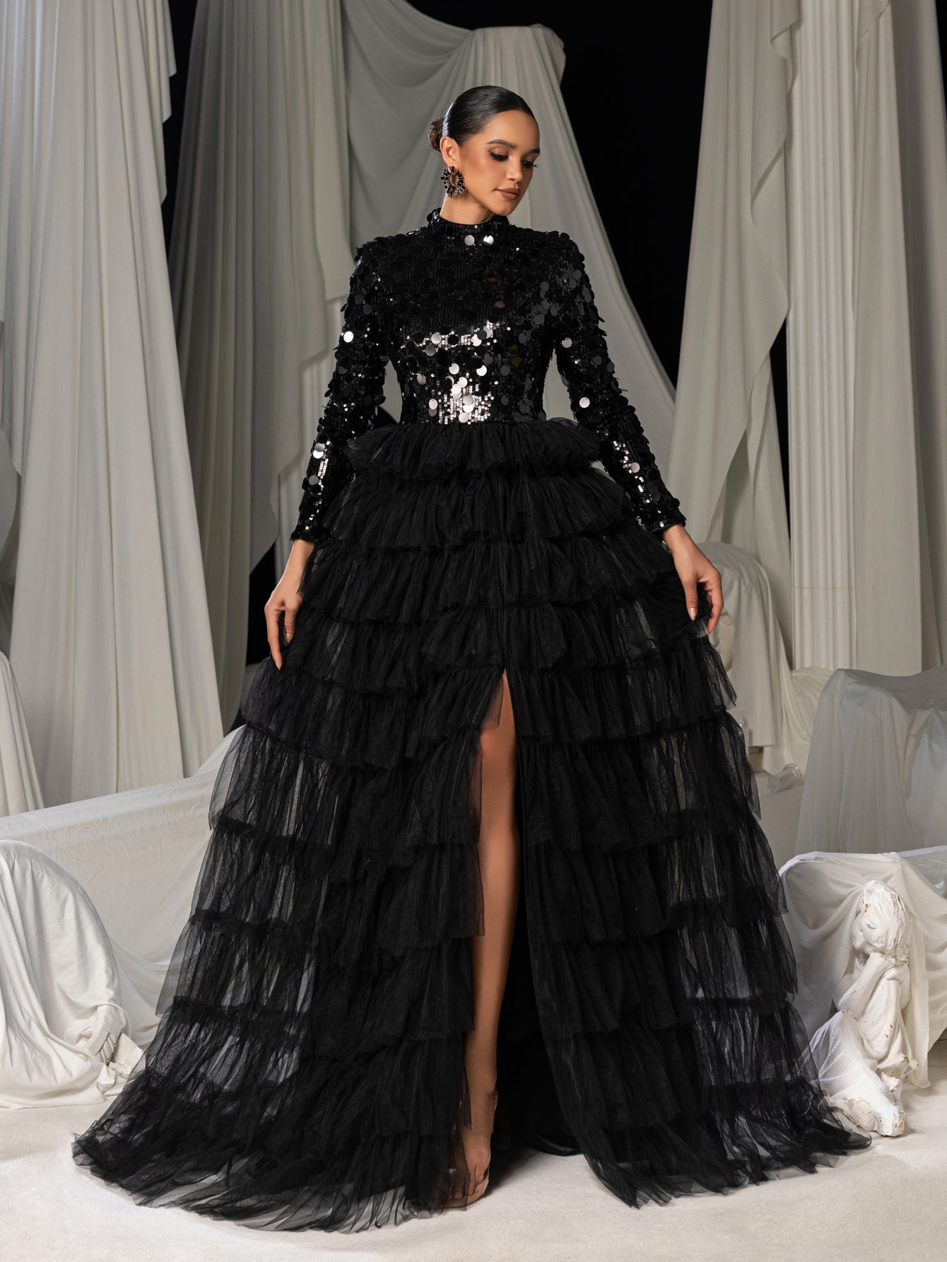Additional product view of Layered Hem Sequin Bodice Tulle Mock-Neck Long-Sleeve Wedding Dress