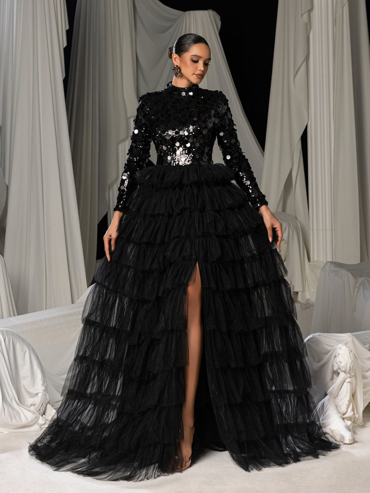 Additional product view of Layered Hem Sequin Bodice Tulle Mock-Neck Long-Sleeve Wedding Dress