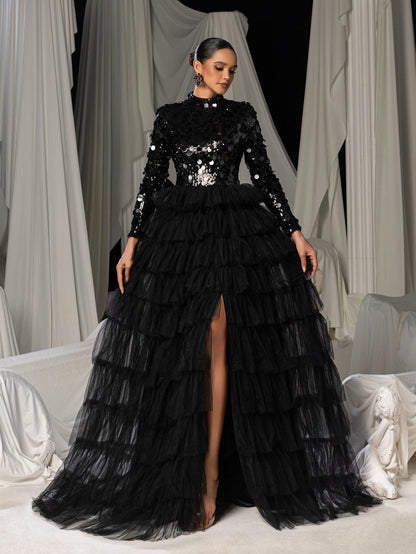 Additional product view of Layered Hem Sequin Bodice Tulle Mock-Neck Long-Sleeve Wedding Dress