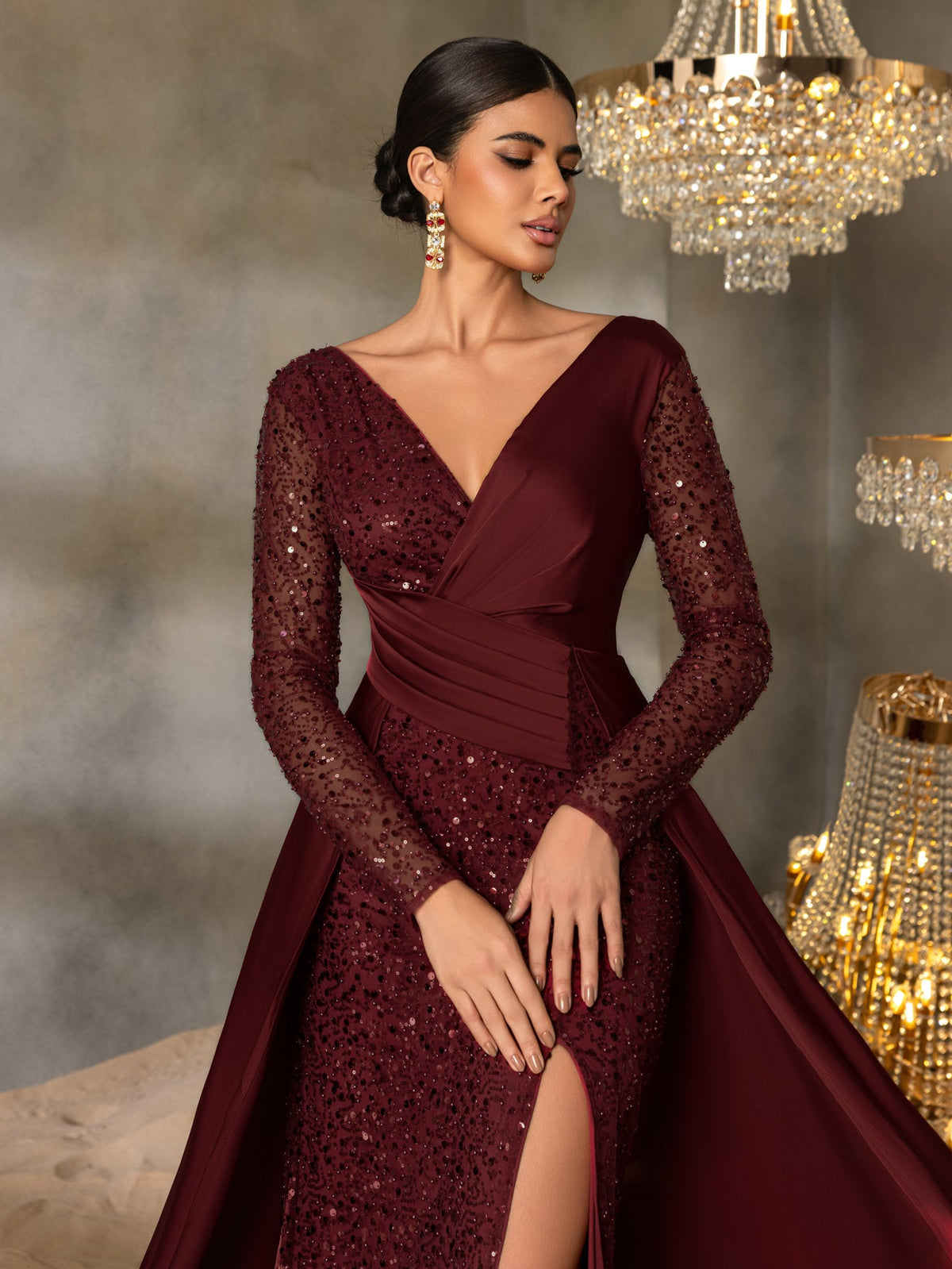 Sequin Evening Gown with Sheer Long Sleeves, Deep V-Neck & Back V-Cut | Elegant High Slit Formal Dress for Special Occasions
