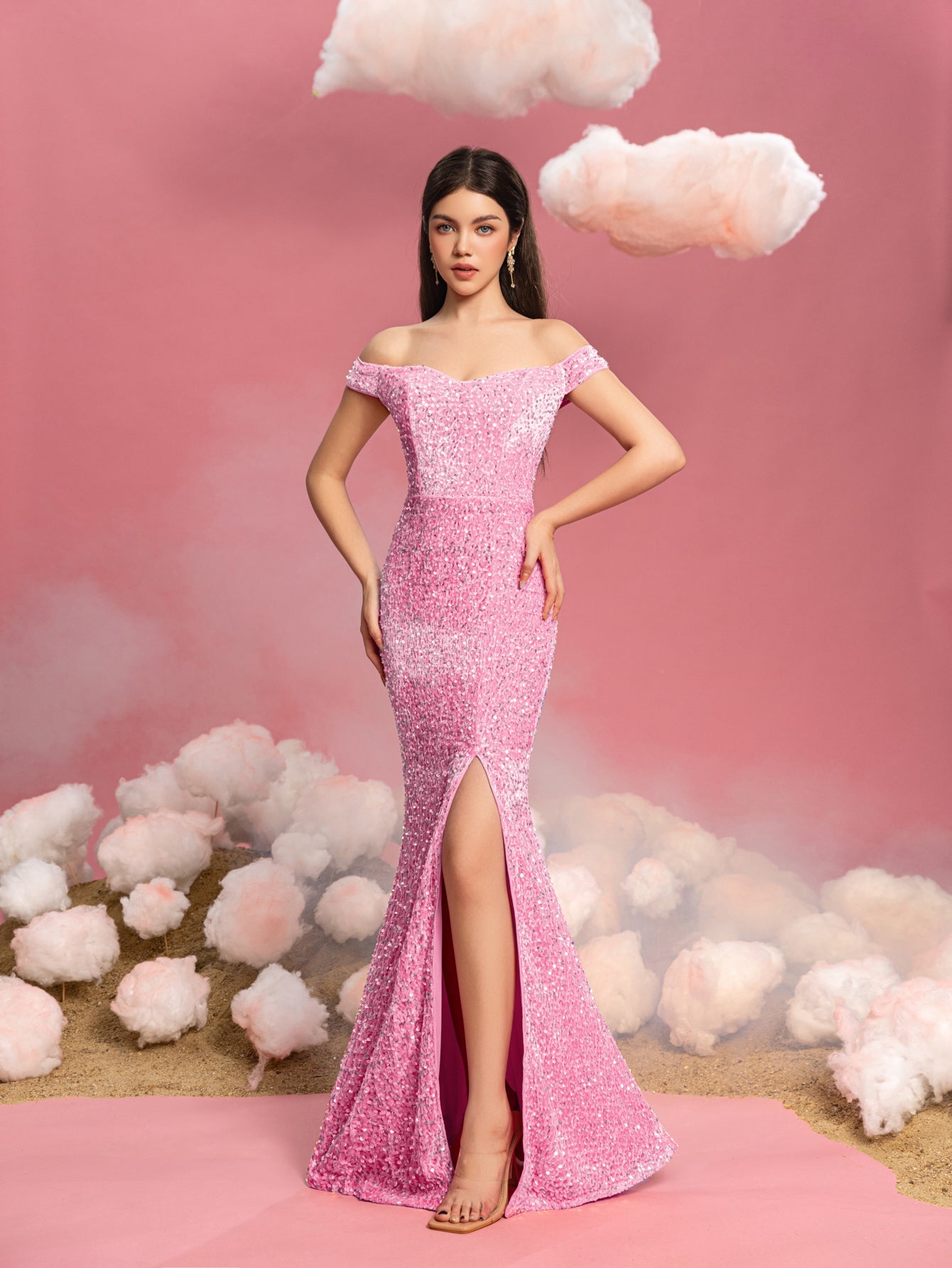 Additional product view of Mermaid Hem Off-Shoulder Sequin Short-Sleeve Maxi Teen Girls' Party Dress