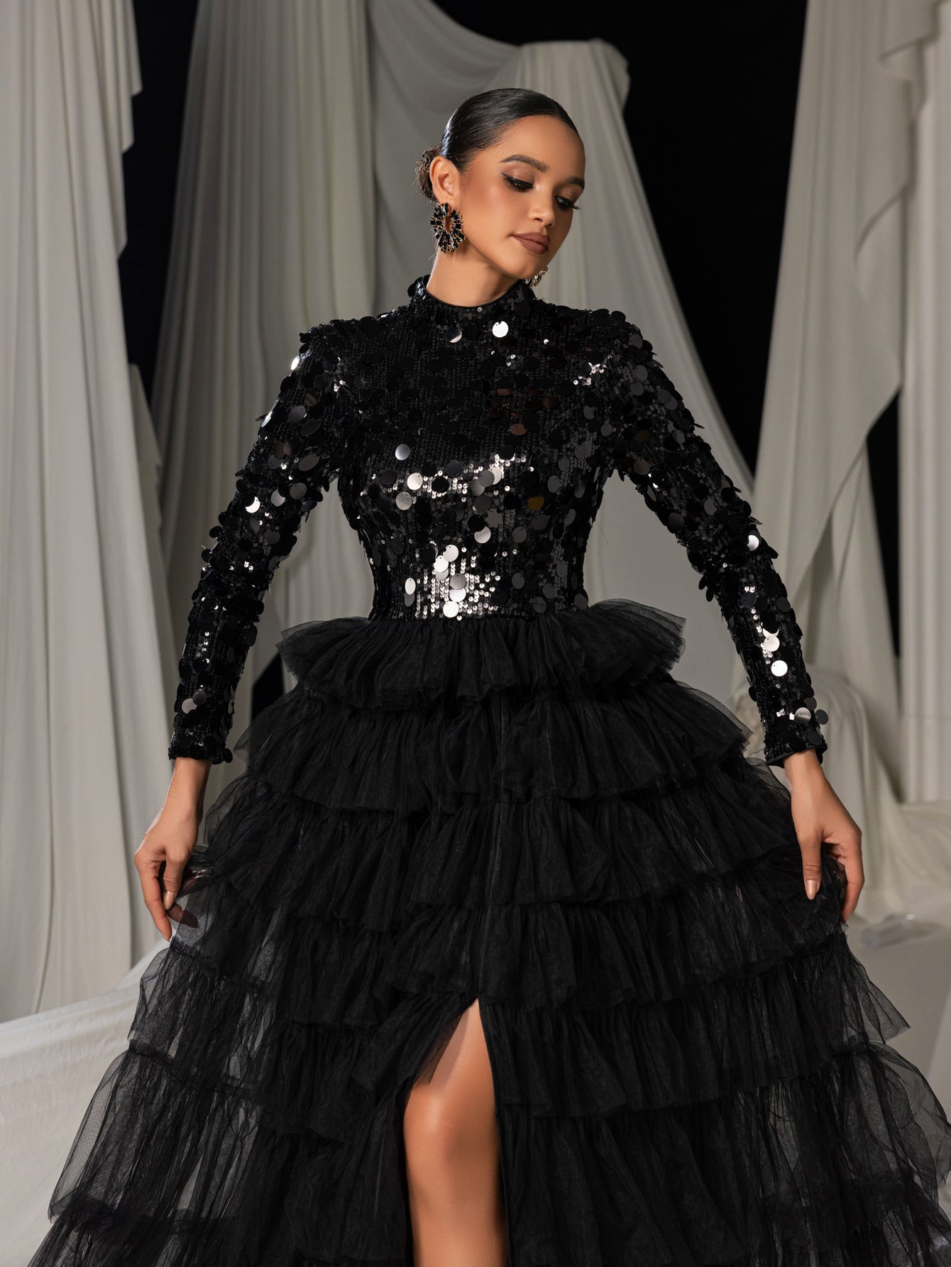 Additional product view of Layered Hem Sequin Bodice Tulle Mock-Neck Long-Sleeve Wedding Dress