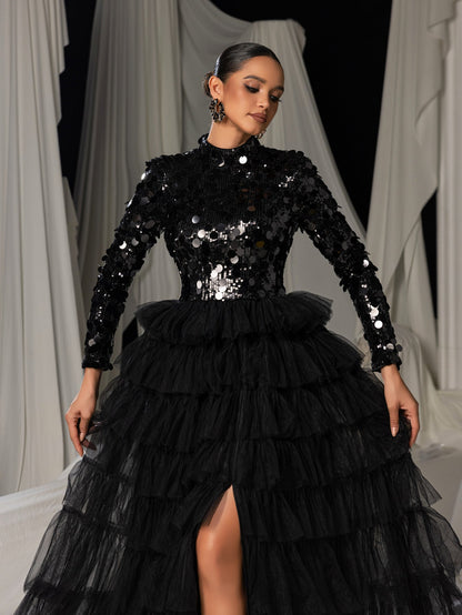 Additional product view of Layered Hem Sequin Bodice Tulle Mock-Neck Long-Sleeve Wedding Dress
