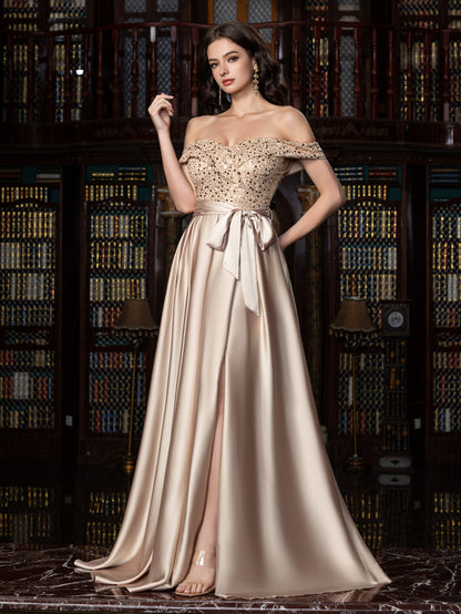 Elegant Off-Shoulder Evening Gown with Sequin Embellishments – High Slit Satin Skirt & Back Zipper for Luxury Weddings or Evening Glam, XS-XL