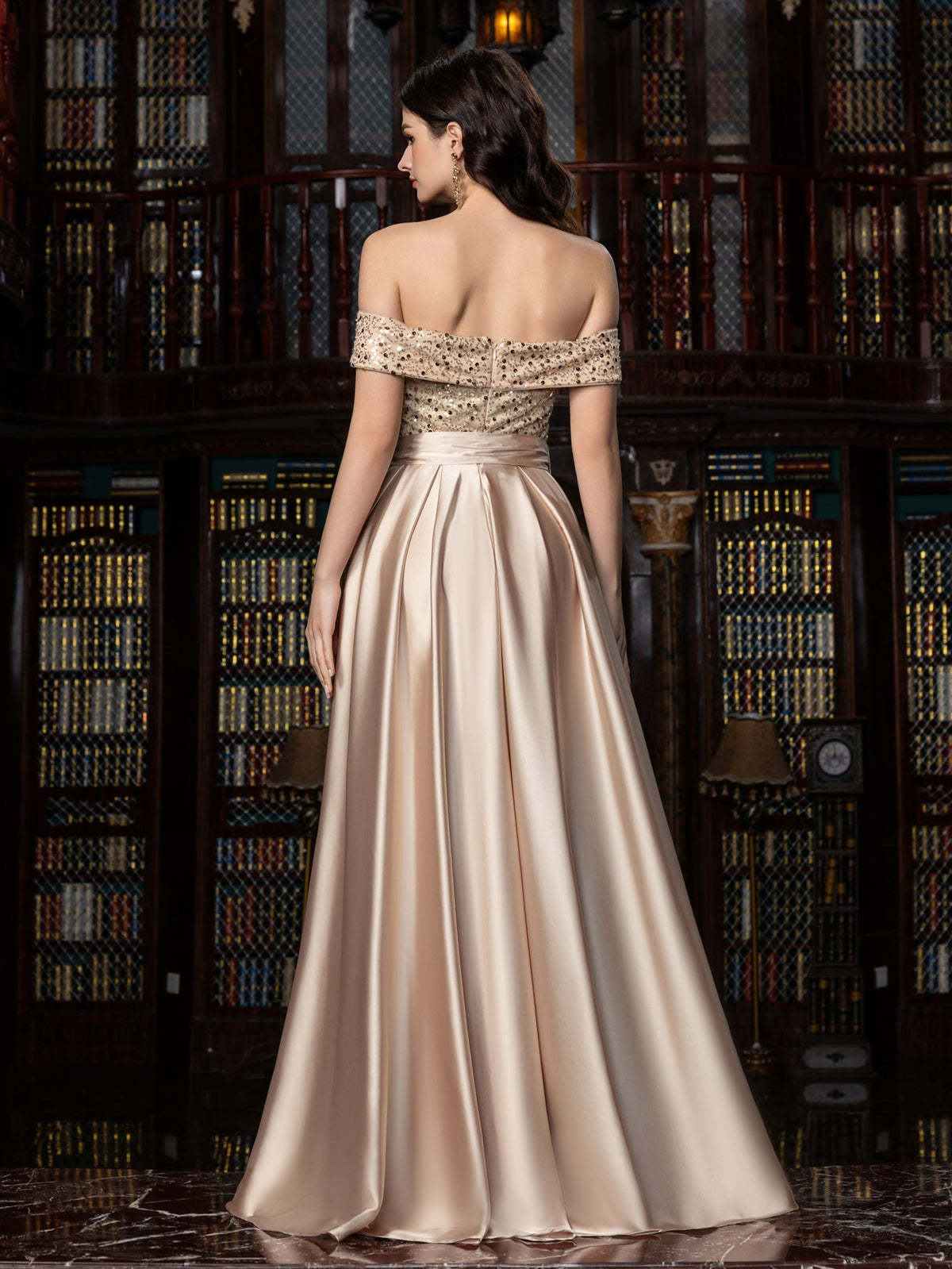 Elegant Off-Shoulder Evening Gown with Sequin Embellishments – High Slit Satin Skirt & Back Zipper for Luxury Weddings or Evening Glam, XS-XL