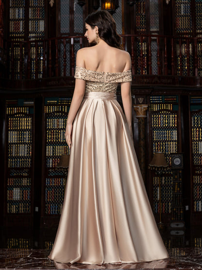 Elegant Off-Shoulder Evening Gown with Sequin Embellishments – High Slit Satin Skirt & Back Zipper for Luxury Weddings or Evening Glam, XS-XL