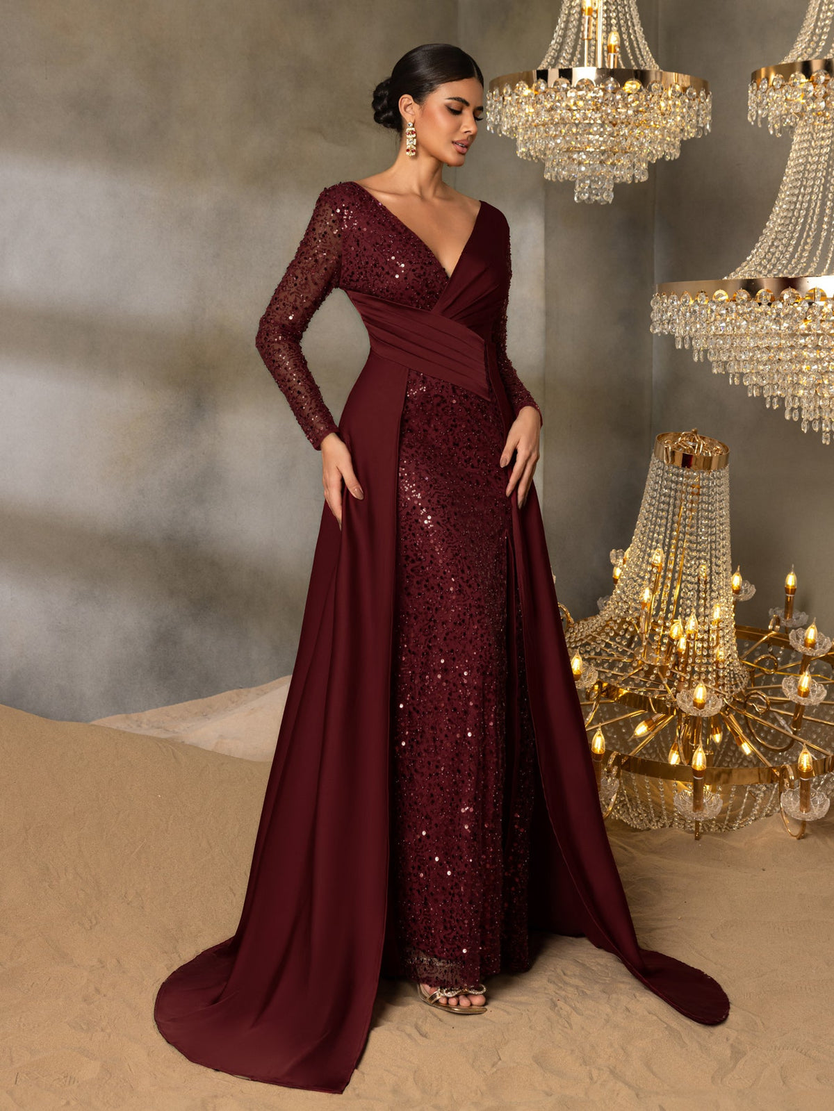 Sequin Evening Gown with Sheer Long Sleeves, Deep V-Neck & Back V-Cut | Elegant High Slit Formal Dress for Special Occasions