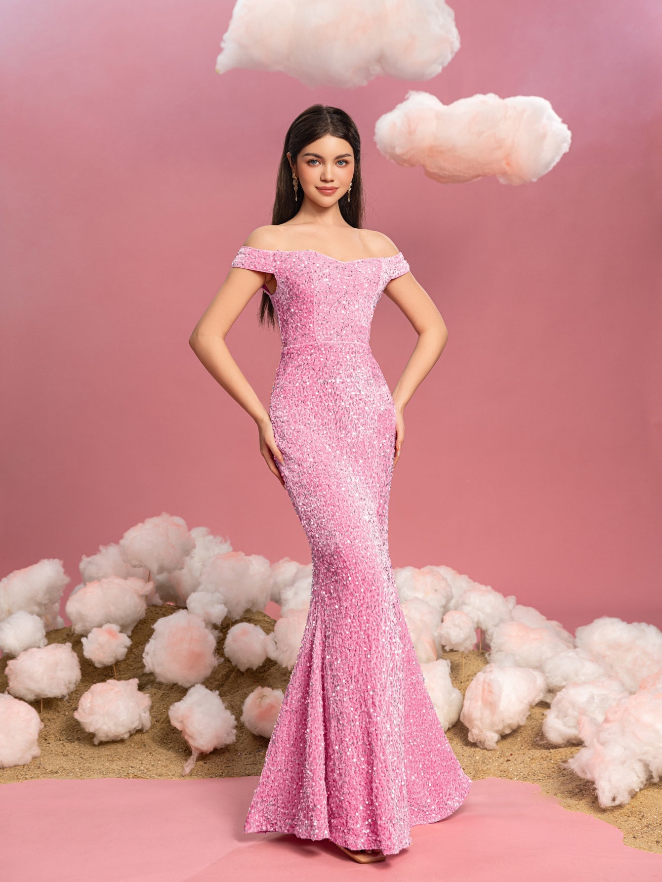 Additional product view of Mermaid Hem Off-Shoulder Sequin Short-Sleeve Maxi Teen Girls' Party Dress