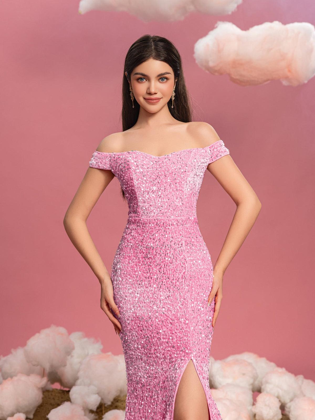 Additional product view of Mermaid Hem Off-Shoulder Sequin Short-Sleeve Maxi Teen Girls' Party Dress
