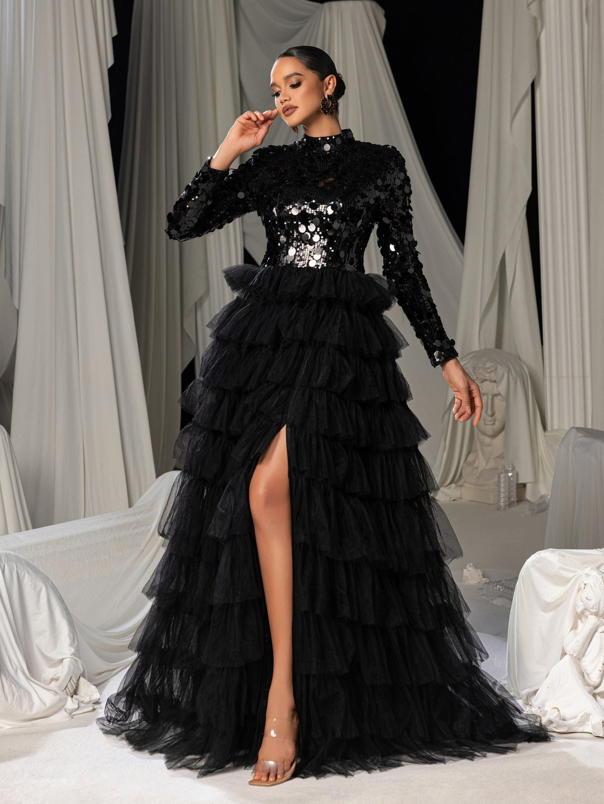Additional product view of Layered Hem Sequin Bodice Tulle Mock-Neck Long-Sleeve Wedding Dress