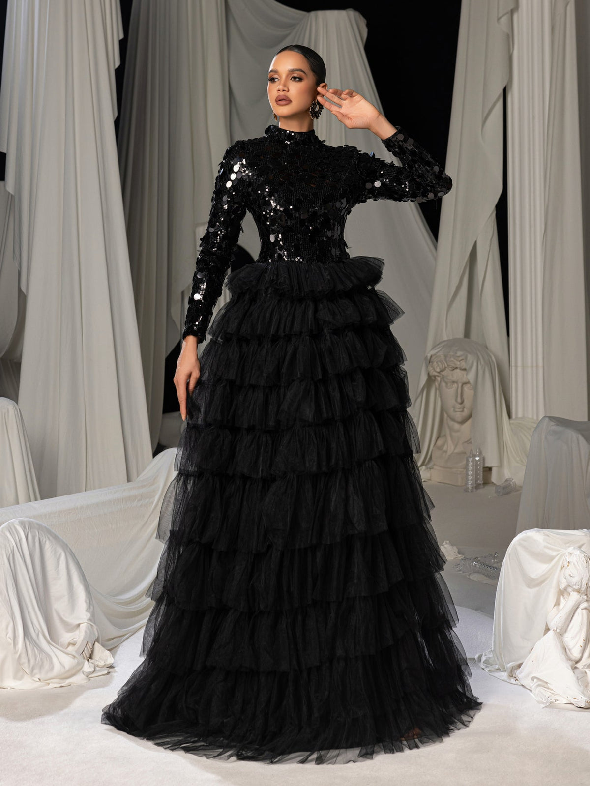 Additional product view of Layered Hem Sequin Bodice Tulle Mock-Neck Long-Sleeve Wedding Dress