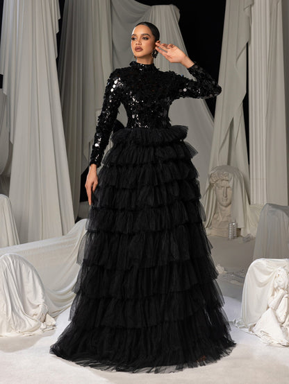 Additional product view of Layered Hem Sequin Bodice Tulle Mock-Neck Long-Sleeve Wedding Dress