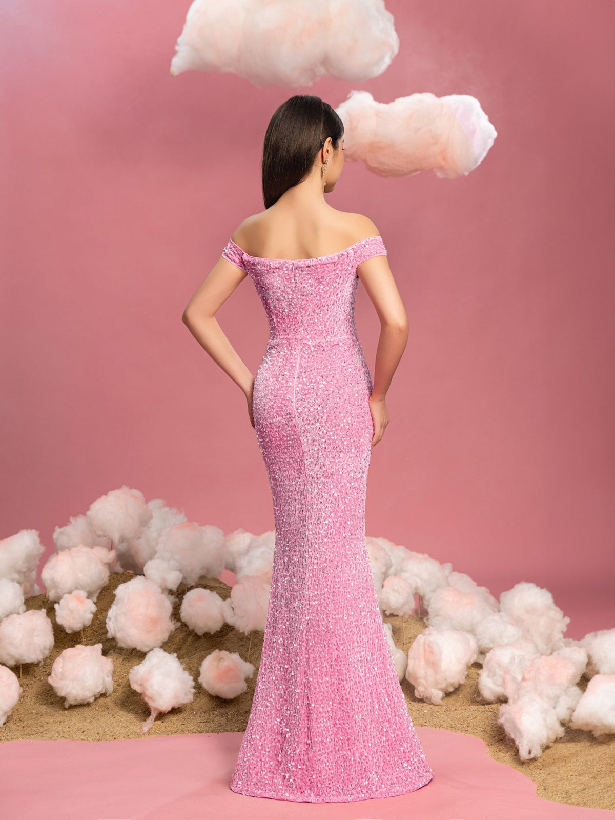 Additional product view of Mermaid Hem Off-Shoulder Sequin Short-Sleeve Maxi Teen Girls' Party Dress