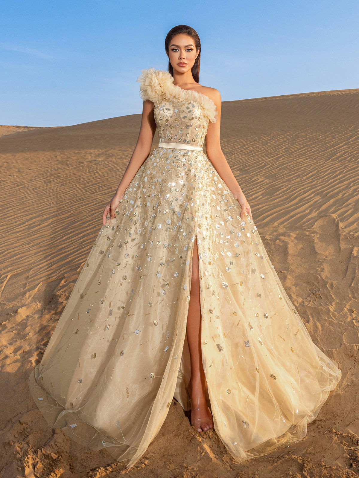 Additional view of One-Shoulder Sequin Beaded Sleeveless A-Line Evening Gown