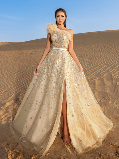 Additional view of One-Shoulder Sequin Beaded Sleeveless A-Line Evening Gown