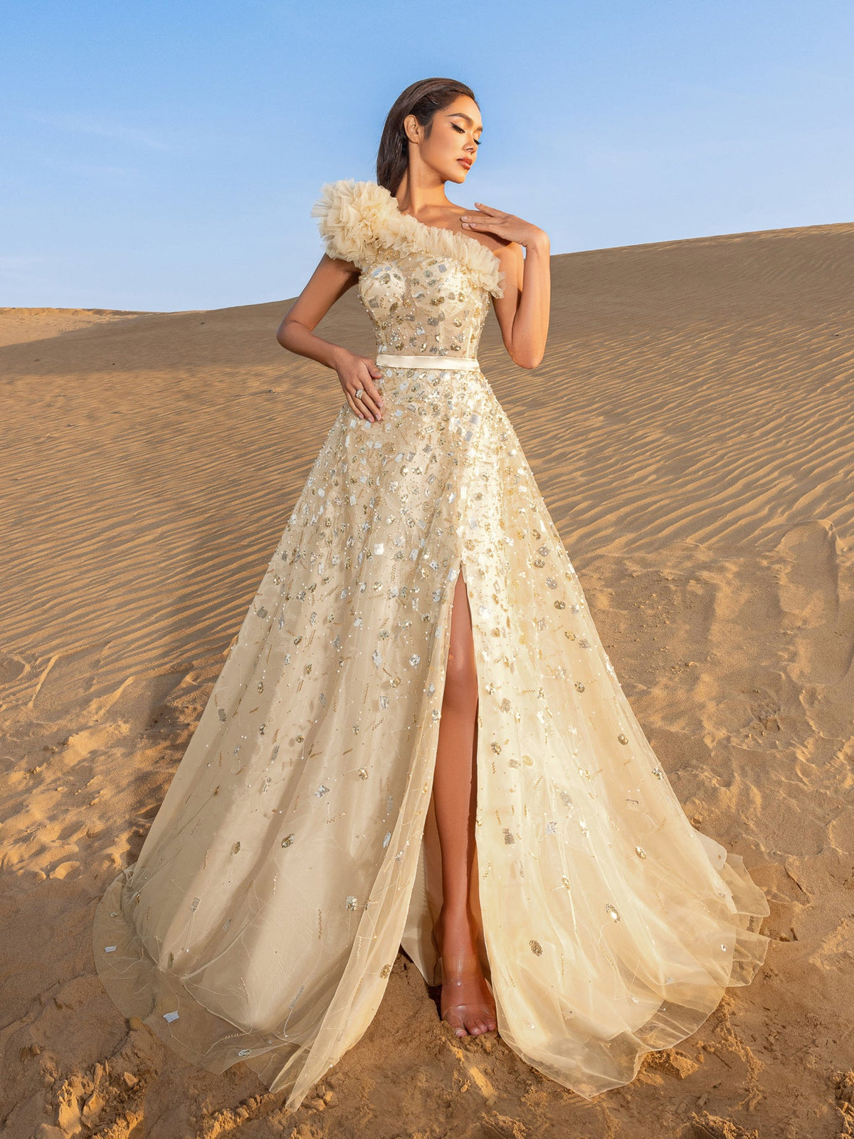 Additional view of One-Shoulder Sequin Beaded Sleeveless A-Line Evening Gown