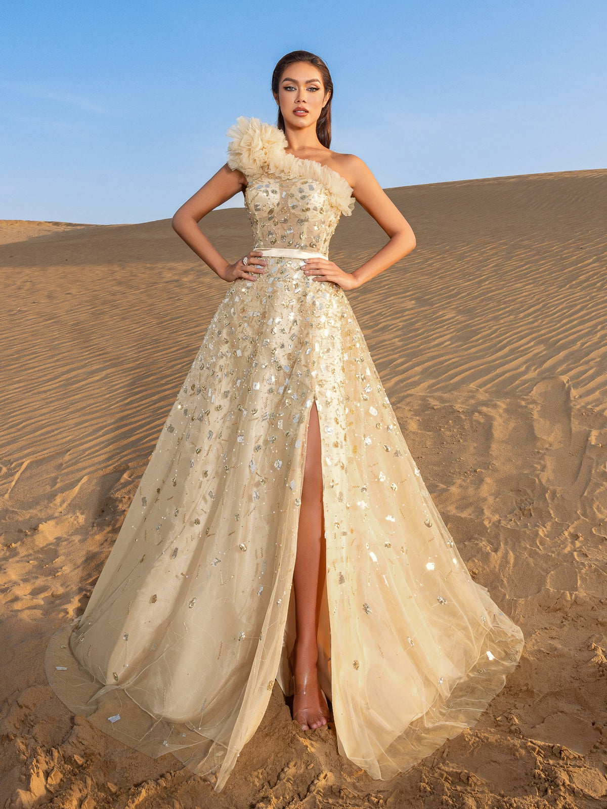 Additional view of One-Shoulder Sequin Beaded Sleeveless A-Line Evening Gown