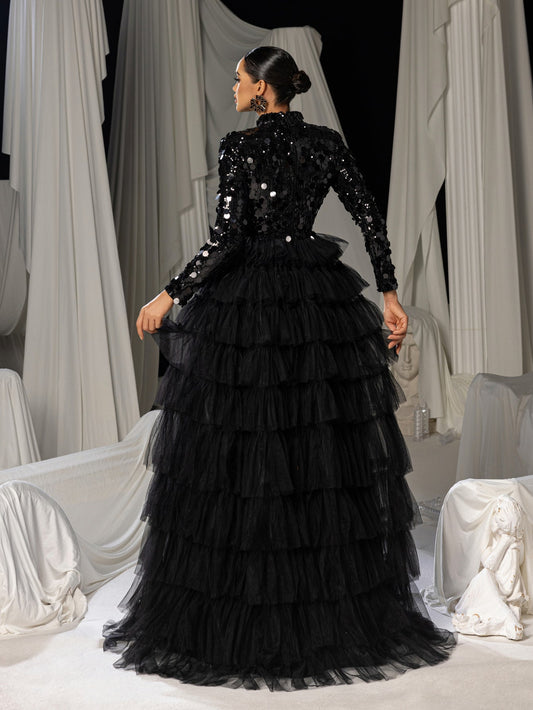 Additional product view of Layered Hem Sequin Bodice Tulle Mock-Neck Long-Sleeve Wedding Dress