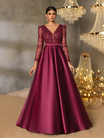 Elegant V-Neck Long Sleeve Evening Gown with Puffed Sleeve Detailing, Sequin Beaded Embellishments, Thin Waist Belt & Satin A-Line Skirt | Elegant Formal Dress for Special Occasions