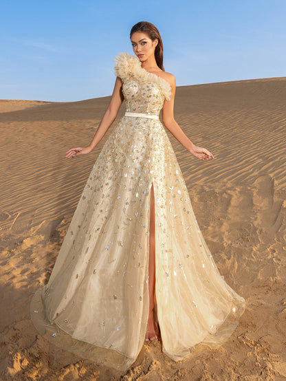 One-Shoulder Sequin Beaded Sleeveless A-Line Evening Gown in Champagne
