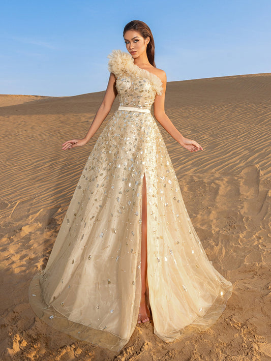 One-Shoulder Sequin Beaded Sleeveless A-Line Evening Gown in Champagne