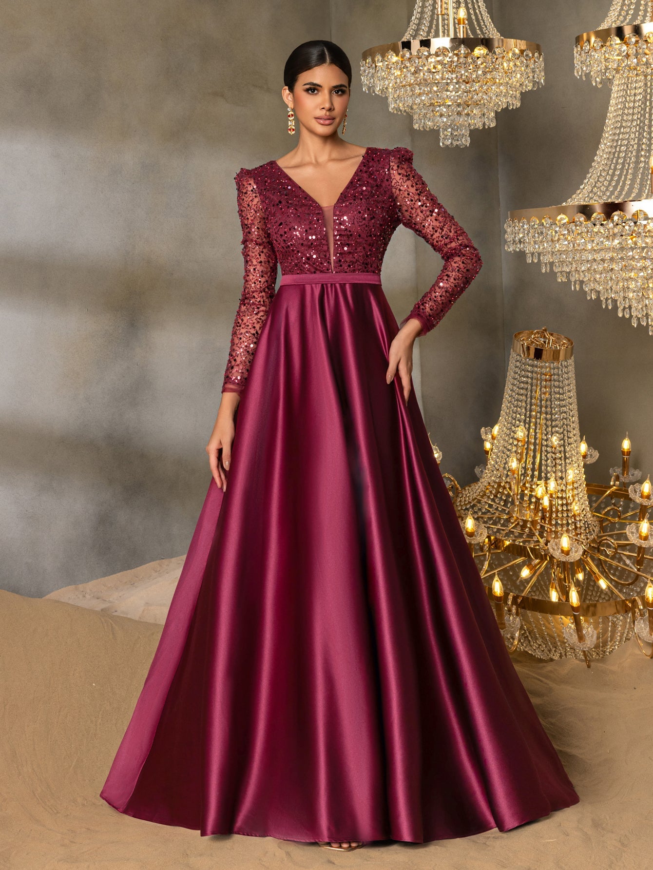 Elegant V-Neck Long Sleeve Evening Gown with Puffed Sleeve Detailing, Sequin Beaded Embellishments, Thin Waist Belt & Satin A-Line Skirt | Elegant Formal Dress for Special Occasions