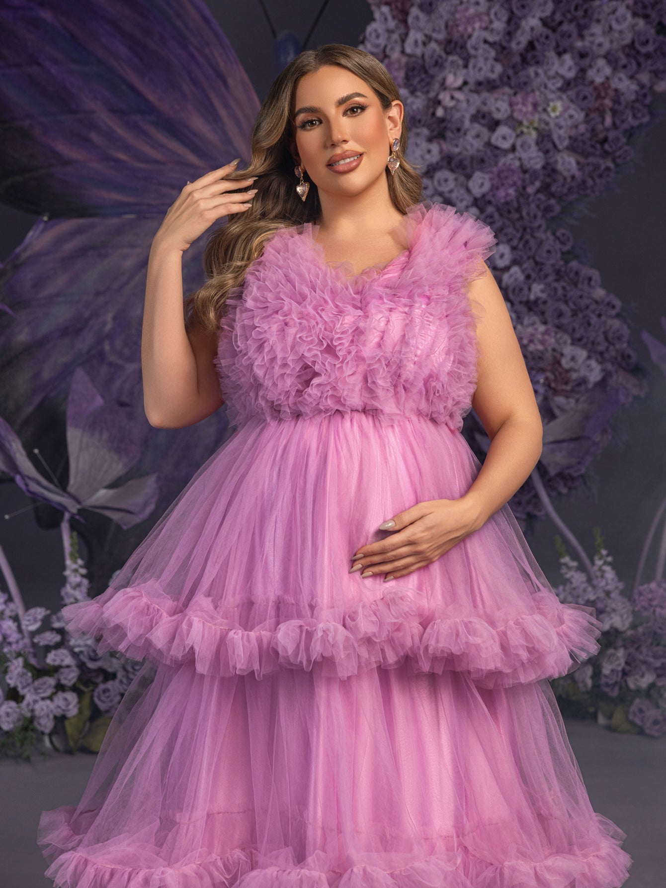 Plus Maternity V-Neck Sleeveless Ruffle Trim Layered Hem Photography Dress – view 4